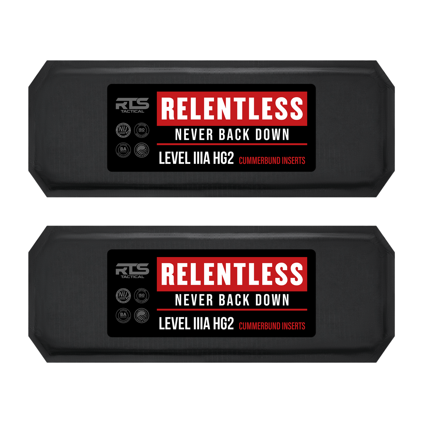 Black ballistic panels with Level IIIA HG2 Cummerbund Inserts with a bold red and white letters.