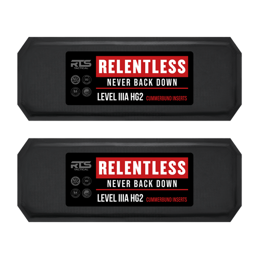 Black ballistic panels with Level IIIA HG2 Cummerbund Inserts with a bold red and white letters.