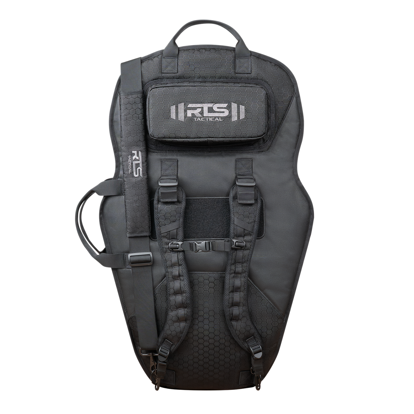 Tactical black ballistic shield carrier system with backpack straps and adjustable buckles. It features a top handle and a logo patch, conveying a rugged look.