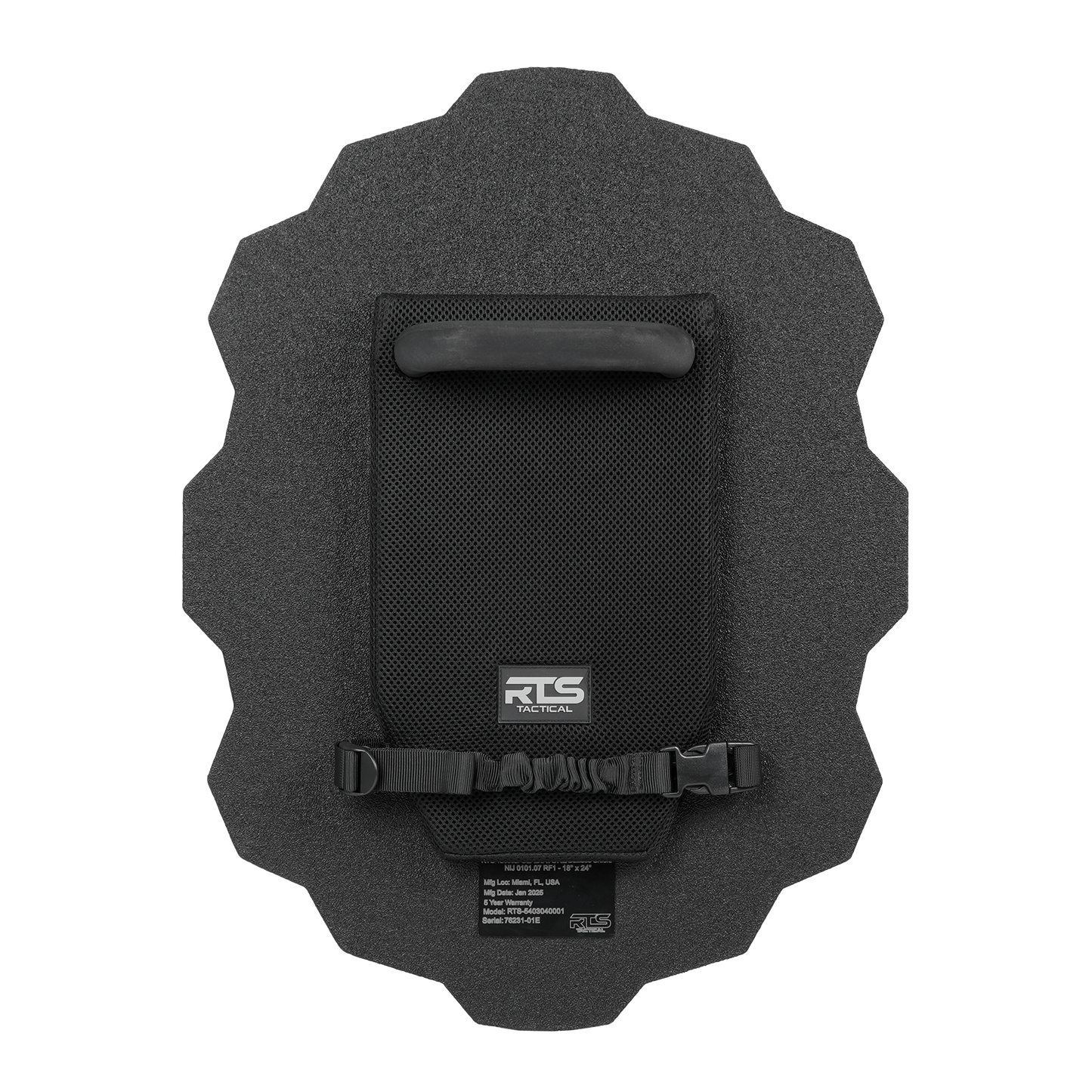 Backside of ballistic shield with grip handle.