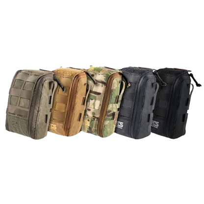 Five tactical IFAK pouches in gray, olive, brown, camouflage, and black are aligned side by side, each with scissors attached.
