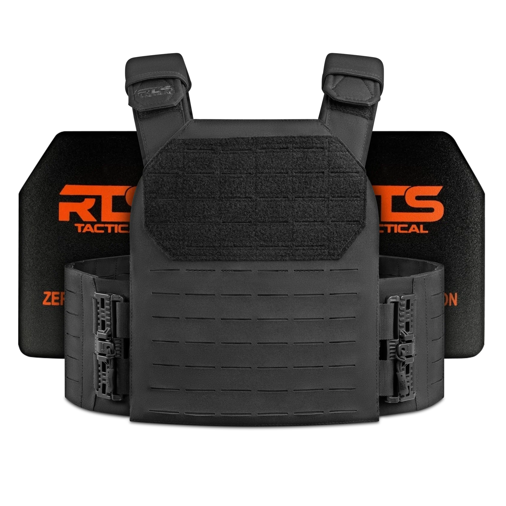 A black tactical body armor with adjustable straps and a flat surface for attachment, shown against a dark background.