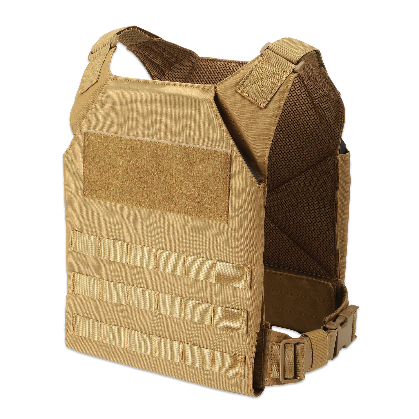 Tan tactical vest with multiple pockets and adjustable straps on a black background.