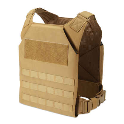 Tan tactical vest with multiple pockets and adjustable straps on a black background.