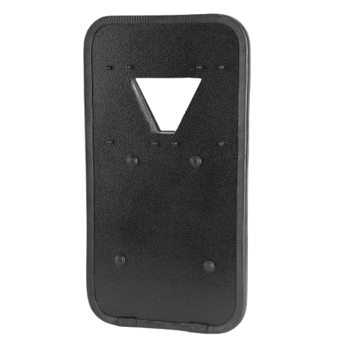 A black tactical ballistic shield with rounded corners and a triangular cutout near the top, designed for law enforcement protection.