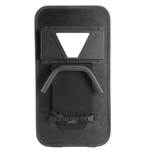 A black tactical ballistic shield with a triangular view window and arm strap. The design conveys strength and protection, typically used in law enforcement.
