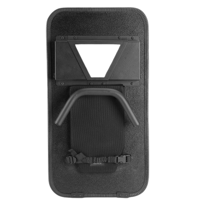 A black tactical ballistic shield with a triangular view window and arm strap. The design conveys strength and protection, typically used in law enforcement.