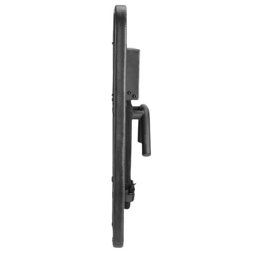 Side view of a black rectangular ballistic shield with a handle and a mount on the back, designed for protection, showcasing its slim profile.