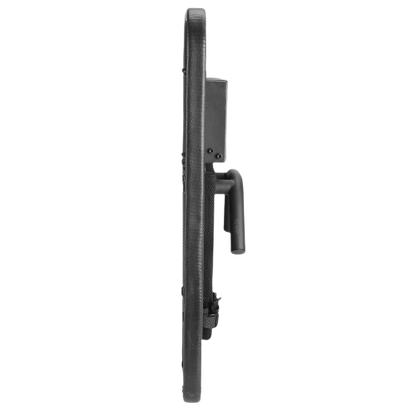 Side view of a black rectangular ballistic shield with a handle and a mount on the back, designed for protection, showcasing its slim profile.