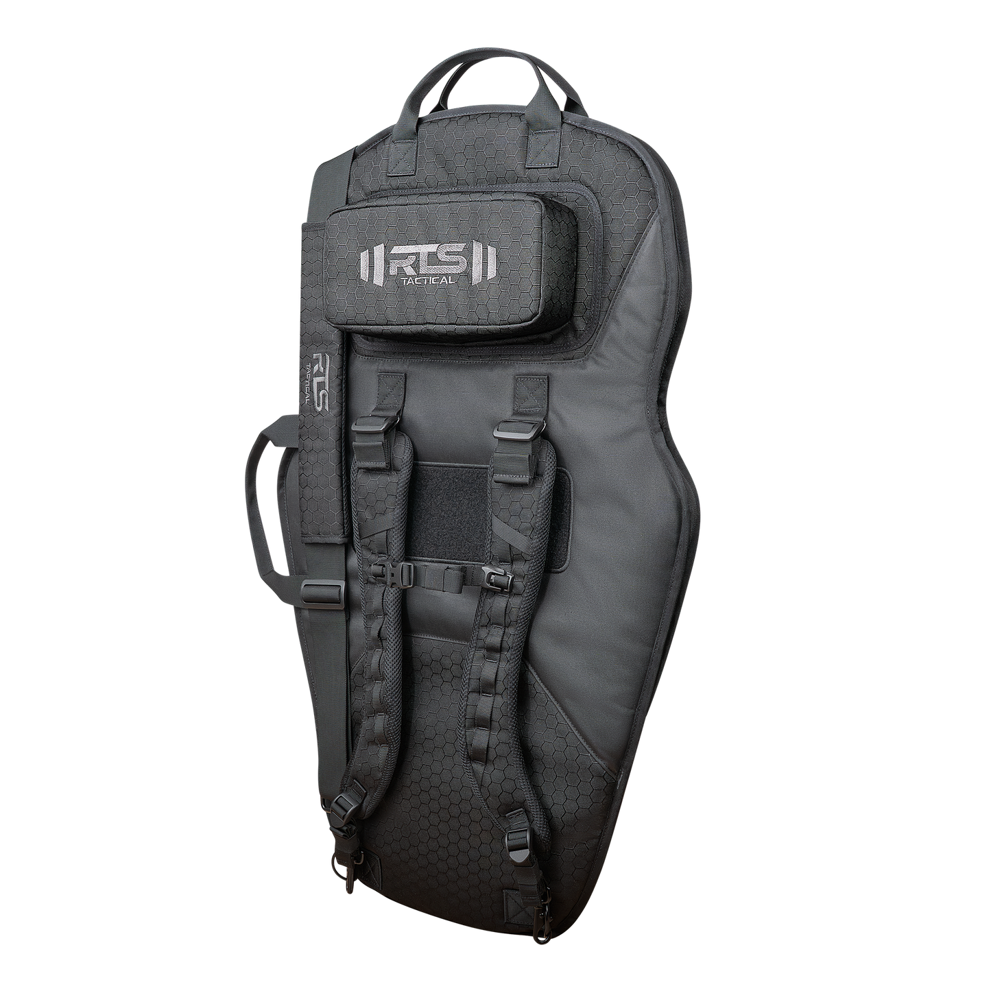 A black mini shield tactical bag with a handle and backpack straps for carrying.
