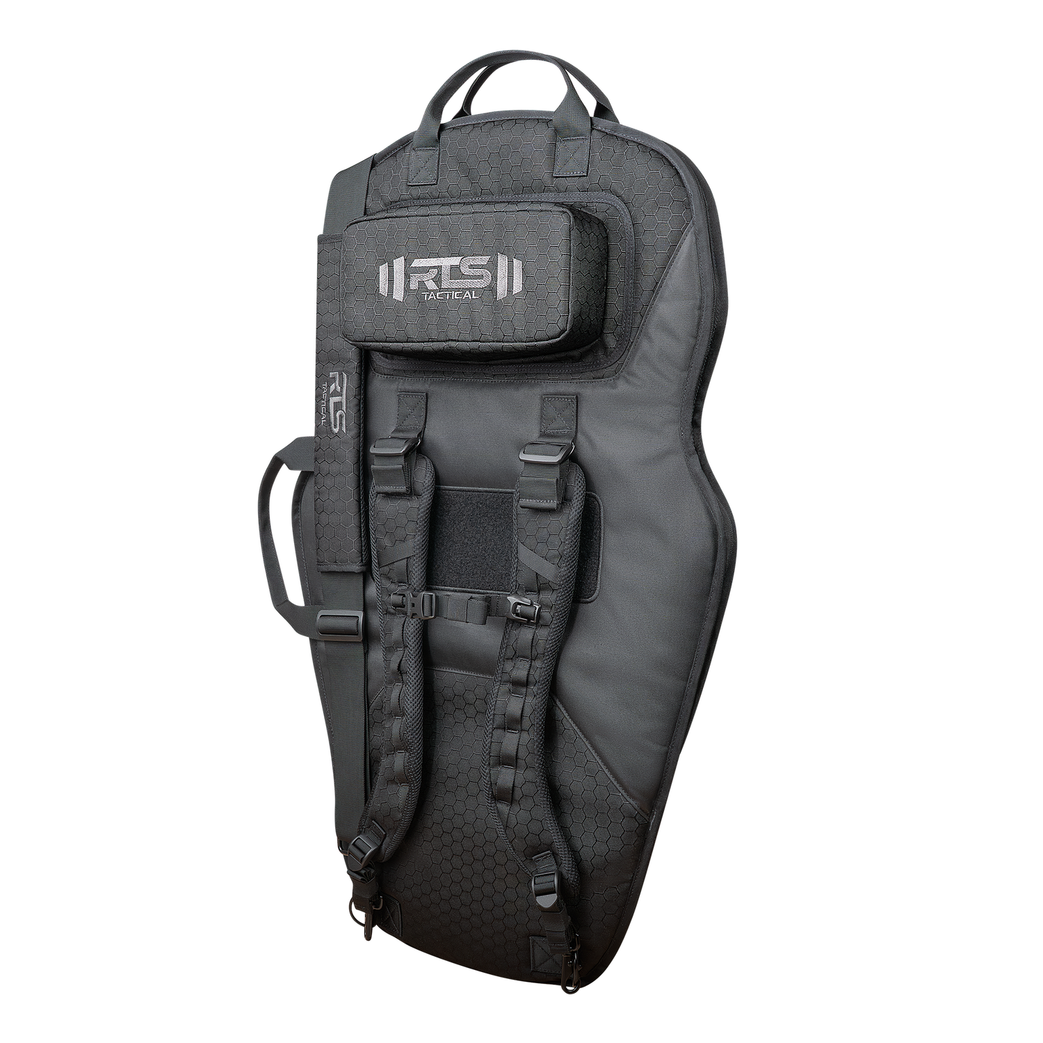 A black mini shield tactical bag with a handle and backpack straps for carrying.