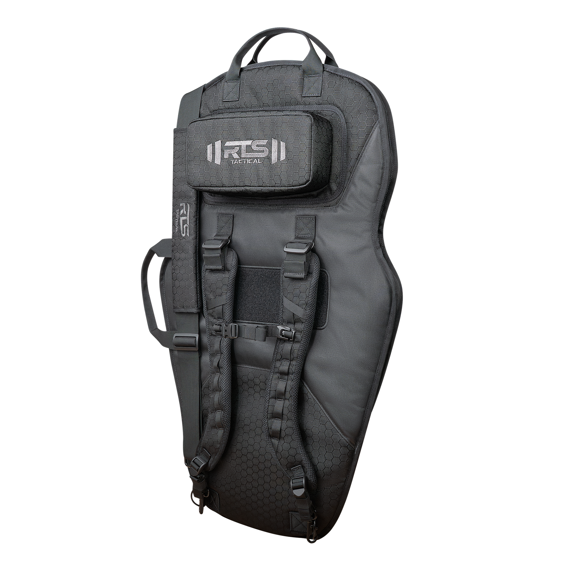 A black mini shield tactical bag with a handle and backpack straps for carrying.