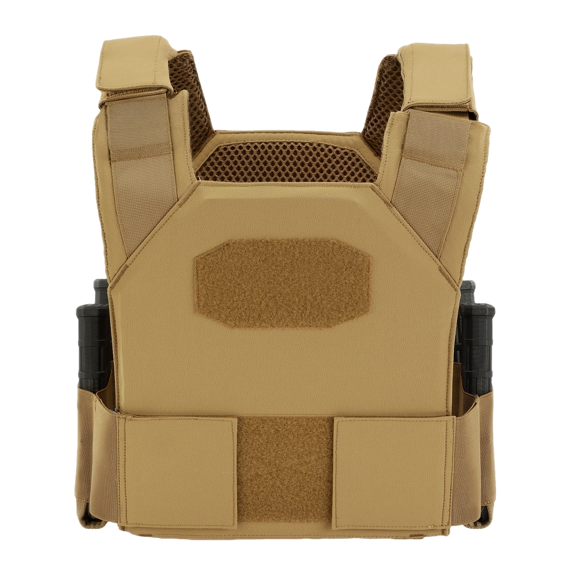 Tan tactical vest with side pockets and a honeycomb mesh design for ventilation.