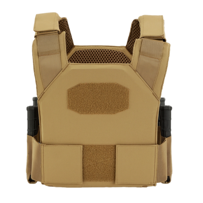Tan tactical vest with side pockets and a honeycomb mesh design for ventilation.