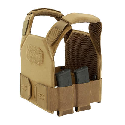 Tan tactical vest with sturdy straps and multiple compartments, holding two rifle magazines.