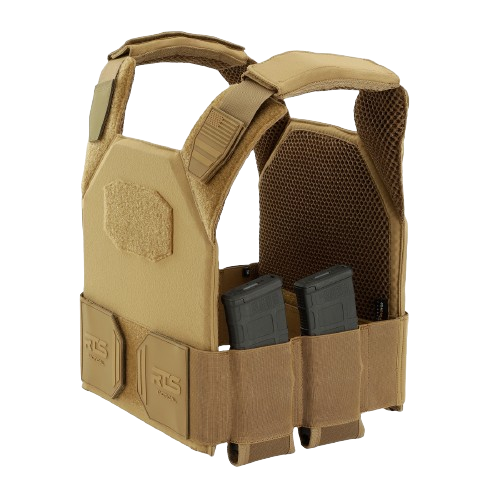 Tan tactical vest with sturdy straps and multiple compartments, holding two rifle magazines.
