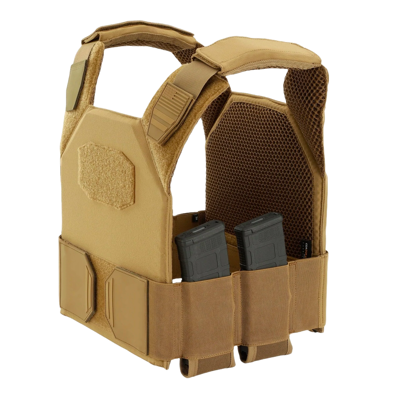 Tan tactical vest with sturdy straps and multiple compartments, holding two rifle magazines.