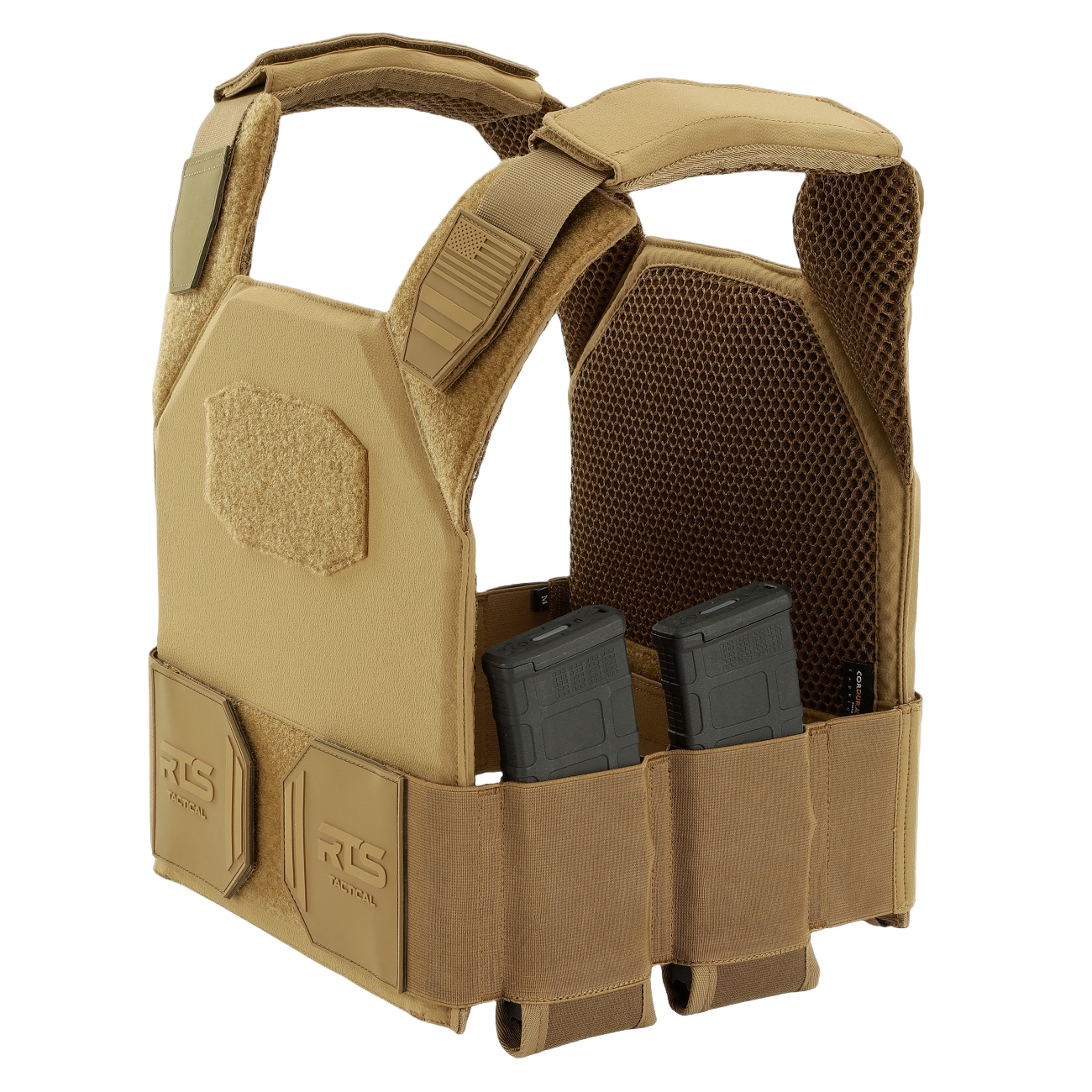 Tan tactical vest with sturdy straps and multiple compartments, holding two rifle magazines.