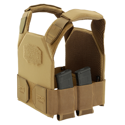 Side profile of a Coyote Brown Sleek 2.0 plate carrier, featuring a minimalist laser-cut design, low-profile shoulder straps, and a clean chest area for maximum concealment.