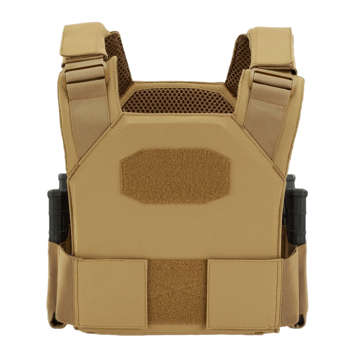 Tan tactical vest with adjustable shoulder straps, mesh padding, and Velcro panels. Two ballistic plates sit behind the vest.