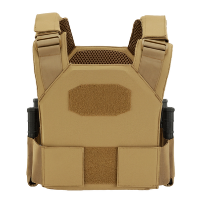 Tan tactical vest with adjustable shoulder straps, mesh padding, and Velcro panels. Two ballistic plates sit behind the vest.