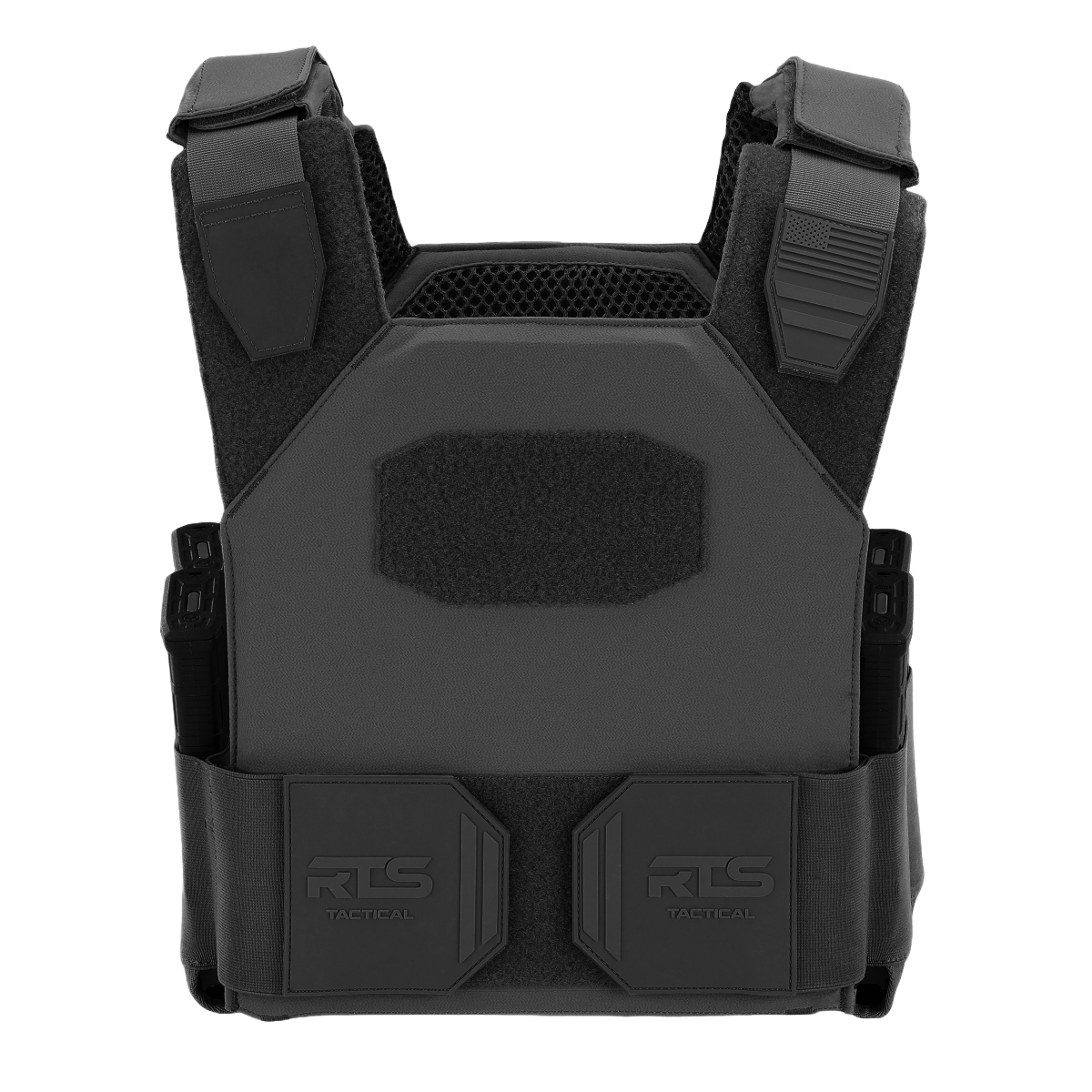 Gray tactical vest with shoulder straps and a mesh upper section. Features a U.S. flag patch, Velcro panel, and storage pouches labeled "RTS Tactical."