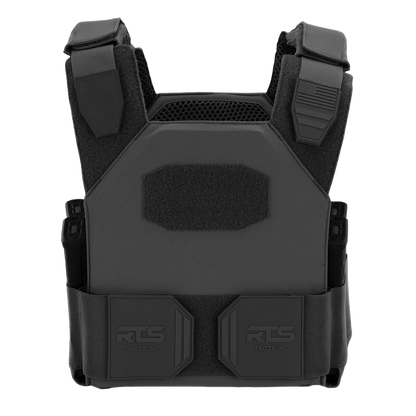 Gray tactical vest with shoulder straps and a mesh upper section. Features a U.S. flag patch, Velcro panel, and storage pouches labeled "RTS Tactical."