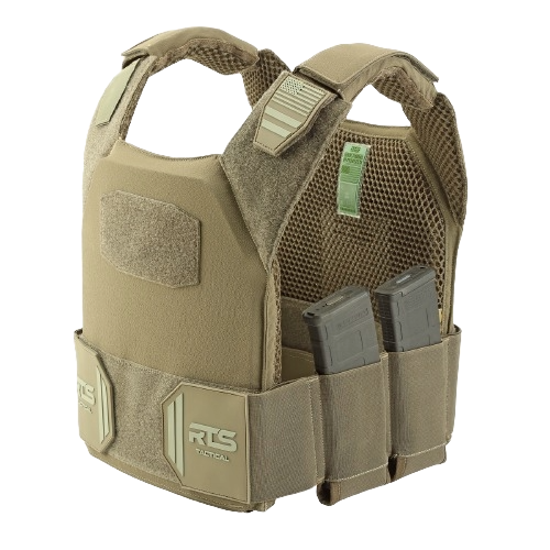A tan tactical vest with a rugged design, featuring shoulder straps, molle webbing, and two black magazines in front pouches.