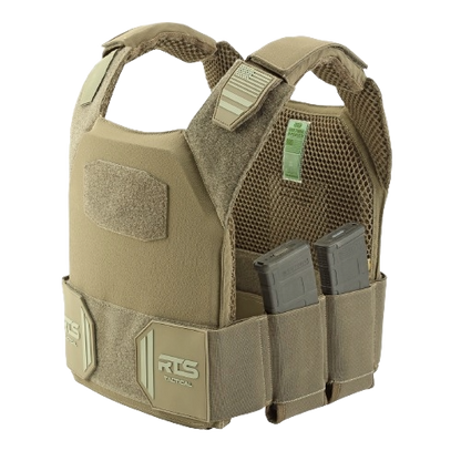 A tan tactical vest with a rugged design, featuring shoulder straps, molle webbing, and two black magazines in front pouches.