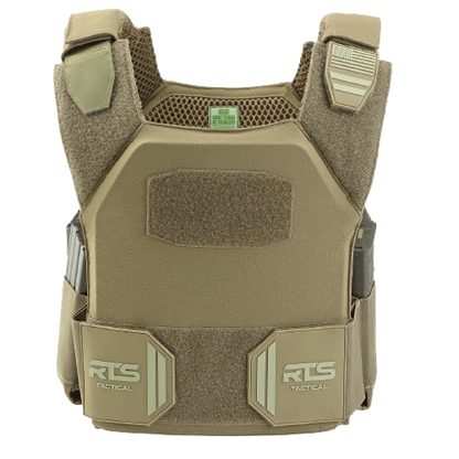 Brown tactical vest with padded straps and Velcro panels. Features "RTS Tactical" branding on pouches. Sturdy, protective design for military use.