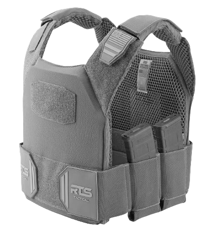 A tactical grey plate carrier vest with reinforced stitching and mesh padding, featuring magazine pouches and hook-and-loop panels for accessories.