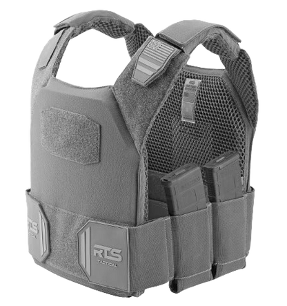 A tactical grey plate carrier vest with reinforced stitching and mesh padding, featuring magazine pouches and hook-and-loop panels for accessories.
