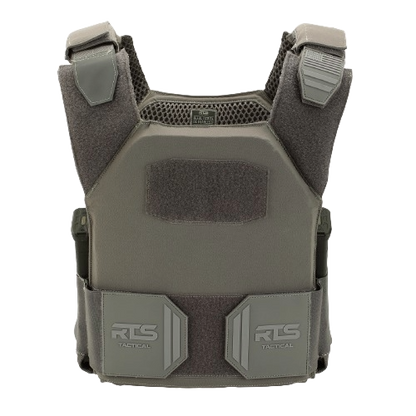 Gray tactical body armor vest with padded shoulder straps and RTS Tactical branding. The design appears sturdy and functional, suggesting durability.