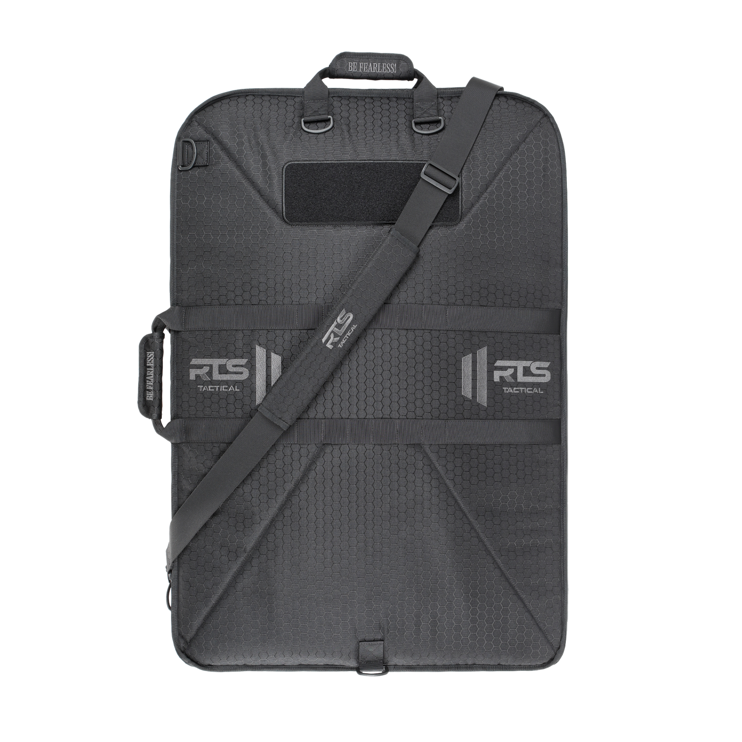 A black swat shield case with a textured hexagonal pattern, featuring adjustable straps and an "RTS Tactical" logo.
