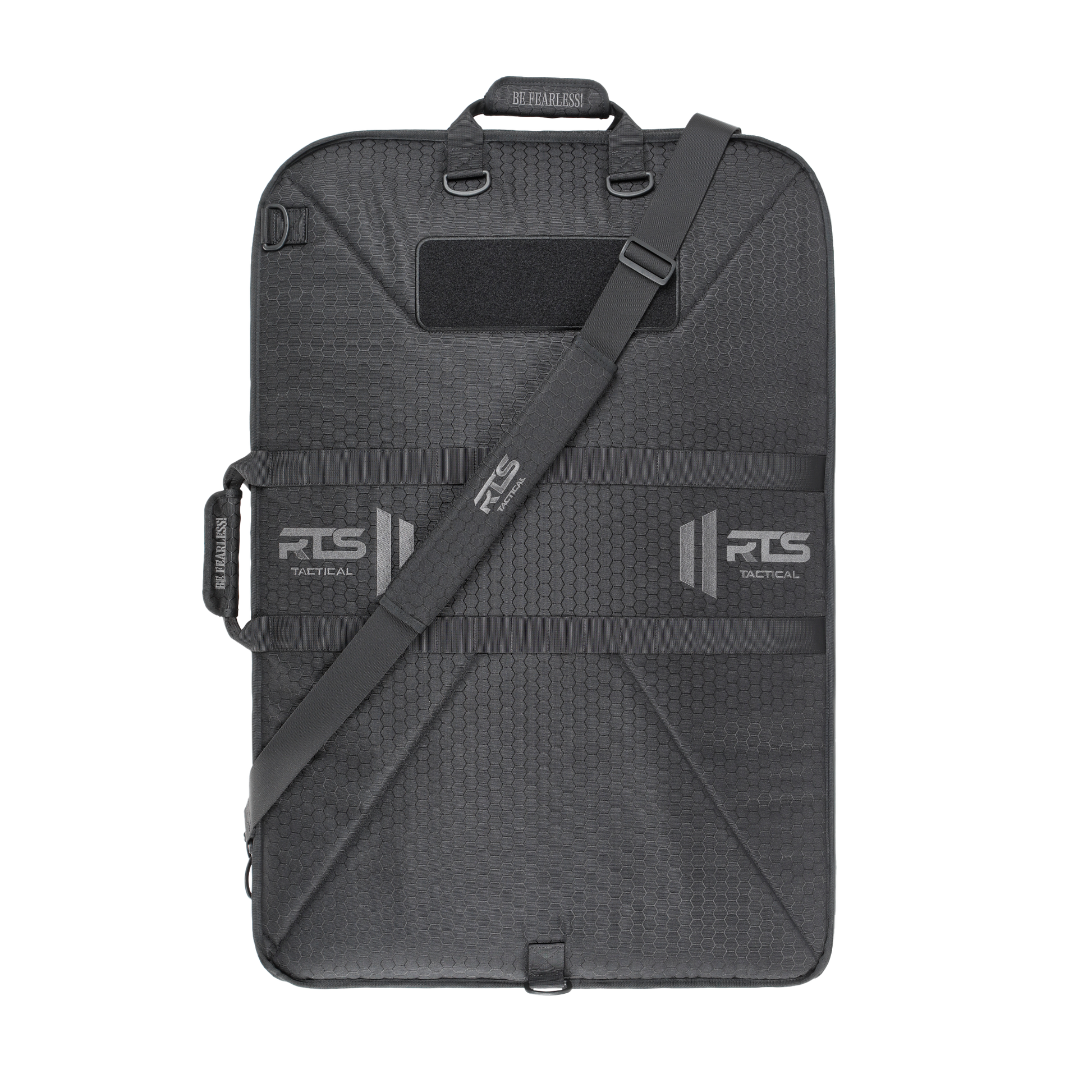 A black swat shield case with a textured hexagonal pattern, featuring adjustable straps and an "RTS Tactical" logo.