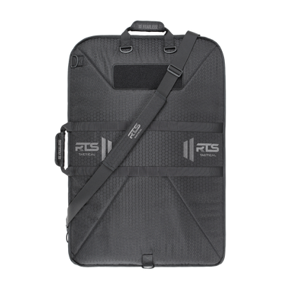 A black swat shield case with a textured hexagonal pattern, featuring adjustable straps and an "RTS Tactical" logo.