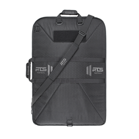 A black swat shield case with a textured hexagonal pattern, featuring adjustable straps and an "RTS Tactical" logo.