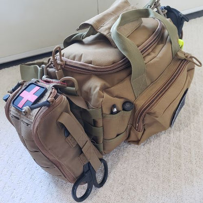 An RTS Tactical IFAK pouch on the site of a tactical bag. 