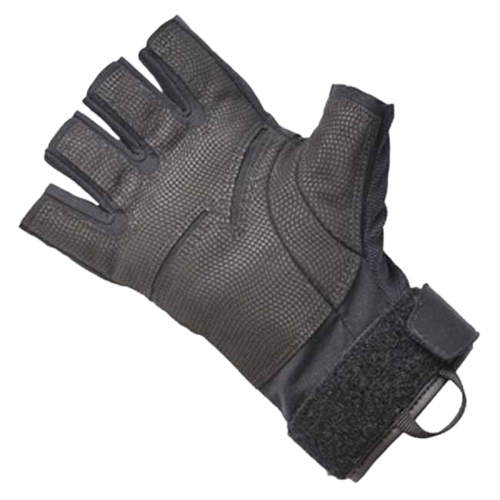 Black fingerless tactical glove with textured grip and adjustable velcro strap.