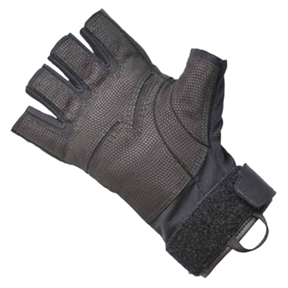 Black fingerless tactical glove with textured grip and adjustable velcro strap.