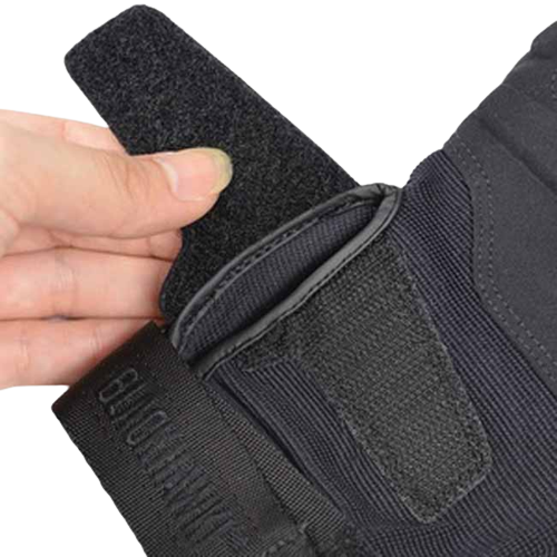 The Velcro wrist strap of the Blackhawk S.O.L.A.G. Special Ops 1/2 Finger Light Assault Gloves.