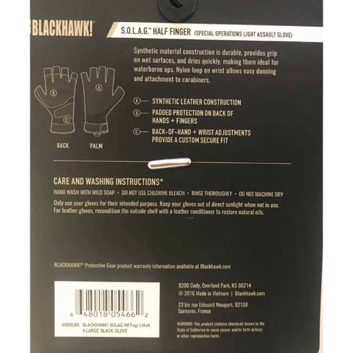 The back side package of the Blackhawk S.O.L.A.G. Special Ops 1/2 Finger Light Assault Gloves.