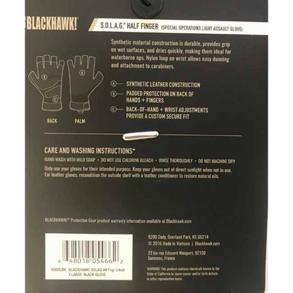 The back side package of the Blackhawk S.O.L.A.G. Special Ops 1/2 Finger Light Assault Gloves.