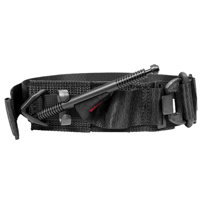 Black tactical tourniquet with a sturdy buckle, adjustable strap, and windlass rod. Designed for emergency bleeding control, displaying rugged utility.