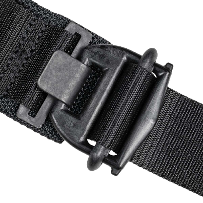 Black tactical belt buckle, close-up view. Features a sturdy metal clasp with a coarse woven strap. Conveys durability and functionality.