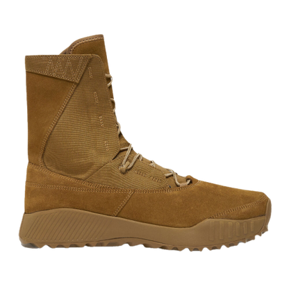 Side view of tan military-style boot with a high ankle design