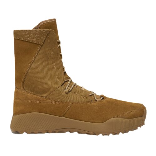 Side view of tan military-style boot with a high ankle design