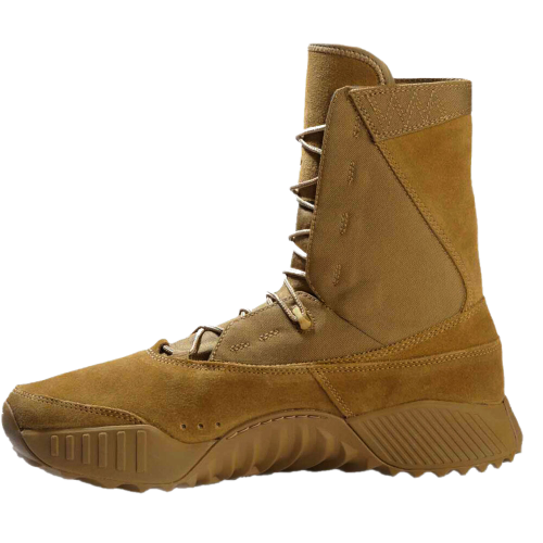 Brown high-top combat boot with rugged textured sole, lace-up front, and stitch detailing. The boot has a sturdy, tactical design.