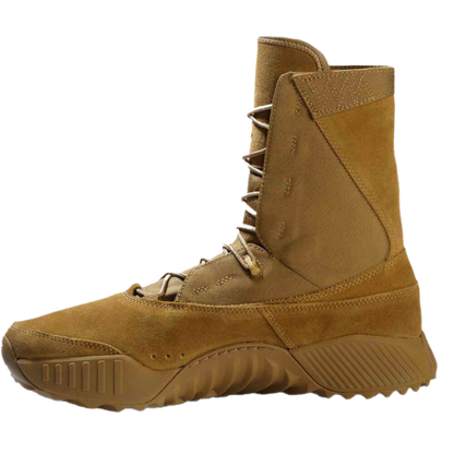 Brown high-top combat boot with rugged textured sole, lace-up front, and stitch detailing. The boot has a sturdy, tactical design.