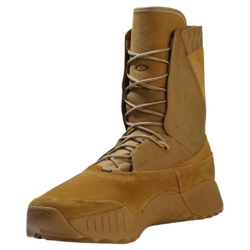 Tan tactical boot with rugged sole and high ankle support. Made of durable suede and fabric, featuring detailed stitching and lacing.